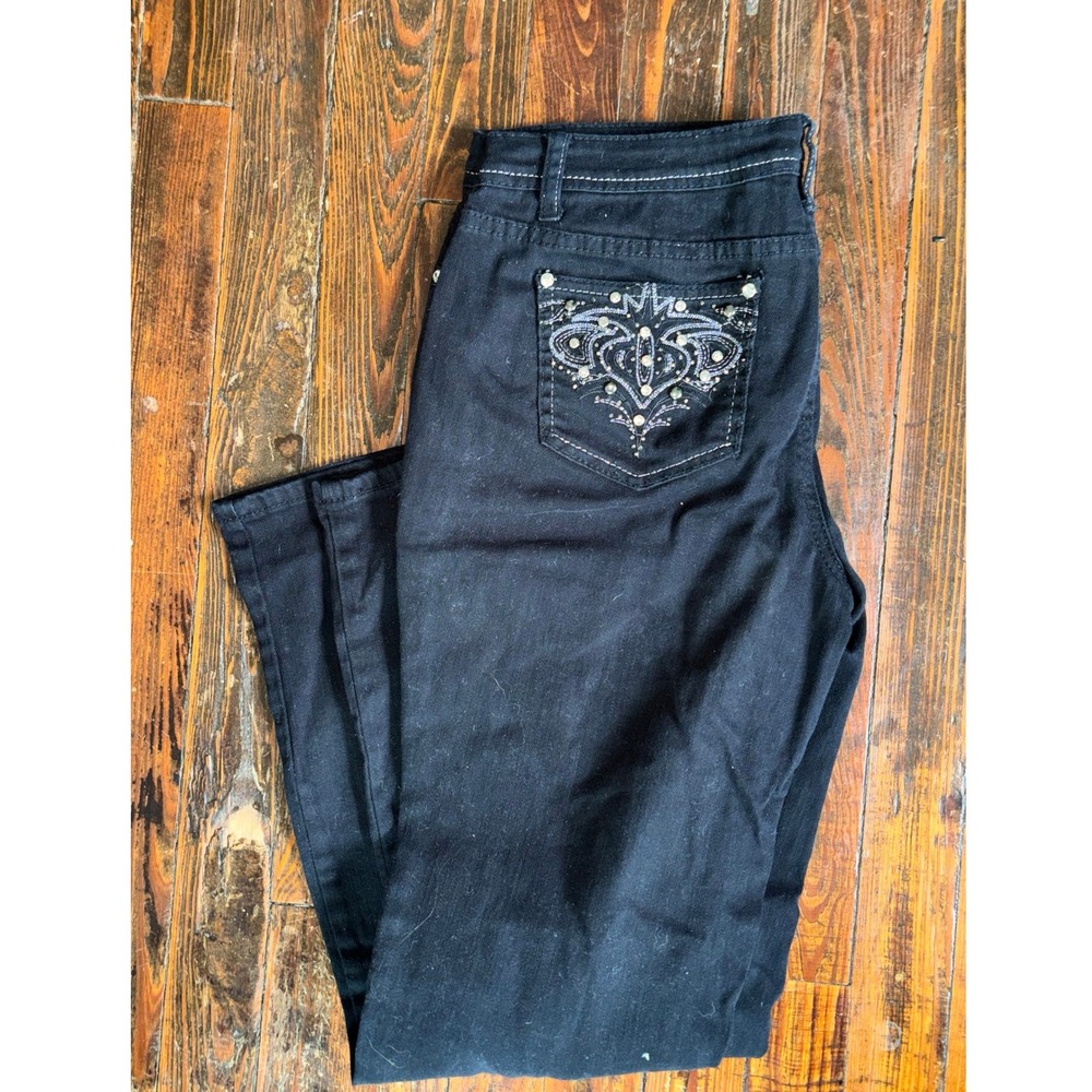 Vtg Earl Jean Denim Pants‎ Womens Sz 10 Black Rhinestone Embroidered Y2K McBling